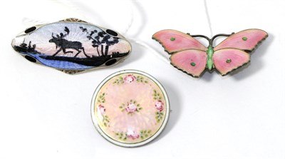 Lot 330 - An enamel brooch by Elvik & Co, an enamel butterfly brooch and another enamel brooch (3)