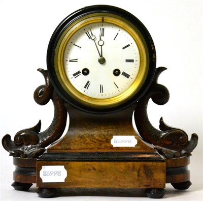 Lot 342 - A Victorian striking mantel clock, enamel Roman dial, twin-train movement, carved dolphin...