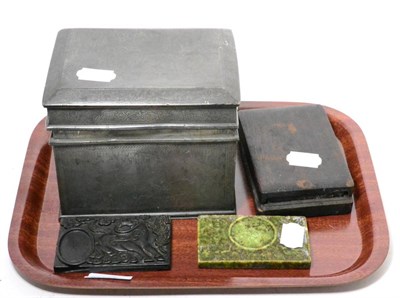 Lot 370 - A Chinese engraved pewter casket caddy, 19th century, a green hardstone inkstone and two...