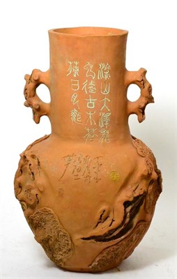 Lot 375 - A large Chinese Yixing rustic style vase, with calligraphic inscription and maker's mark late...