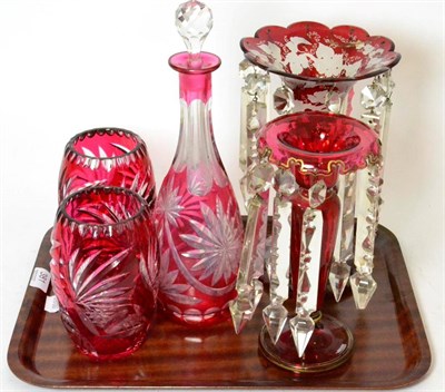 Lot 381 - A ruby glass table lustre, a cranberry glass table lustre and three pieces of Victorian flash glass