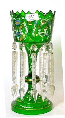 Lot 384 - A 19th century floral painted green glass table lustre