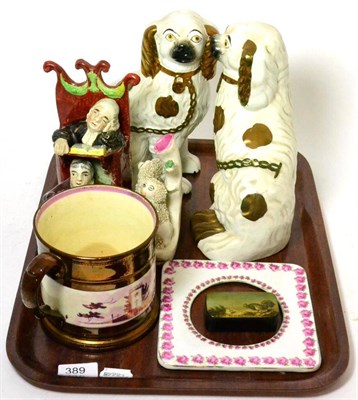 Lot 389 - A Staffordshire model of Judge and Moses, a pair of Staffordshire spaniels, spill vase, frame,...