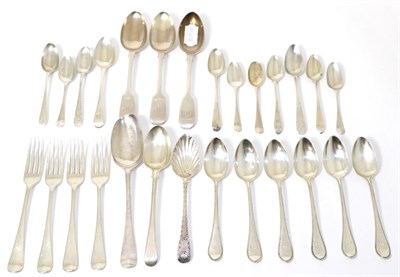 Lot 391 - Mixed silver flatware to include: six Scottish bead edge spoons, 1865; four George III dessert...