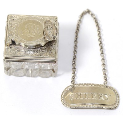 Lot 393 - A George III silver sherry wine label, Matthew Linwood, 1808; and a Victorian silver mounted...