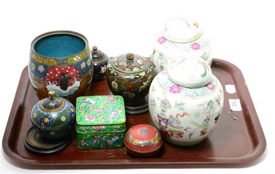 Lot 394 - A pair of Chinese famille rose ginger jars and covers; together with a group of cloisonne...