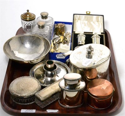 Lot 396 - A group of silver and plated items to include: Old Shefield plate tea caddy; chamberstick by...