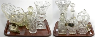 Lot 399 - A group of cut glass decanters and vases, with a set of four silver decanter labels and two...