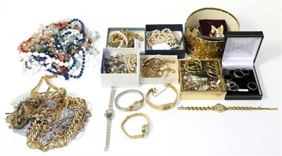 Lot 402 - A 9ct gold bangle, two 9ct gold chains, two pairs of 9ct gold earrings and costume jewellery