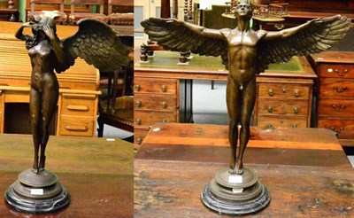 Lot 414 - After A.A Weinnan, a matched pair of reproduction bronze Allegorical figures, ";Rising Day";...