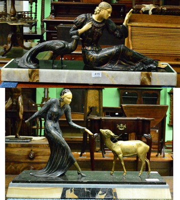 Lot 415 - Art Deco Style figure group of a lady and a peacock, on alabaster base, together with another...