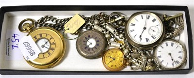 Lot 452 - A 9ct gold fob watch, silver fob watch, silver pocket watch and chain, plated half hunter watch etc