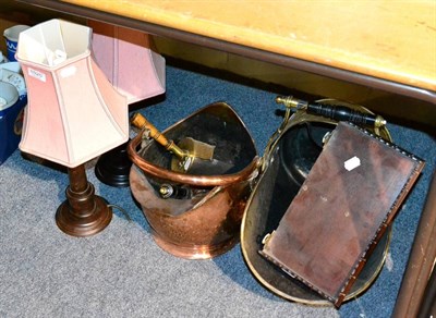 Lot 1020 - A 19th century copper coal scuttle, a brass example, a mahogany wall bracket and pair of modern...