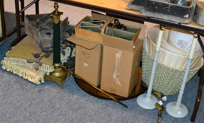 Lot 1033 - Assorted furnishings including needlework cushions, toleware tray, glass vases, cutlery basket,...