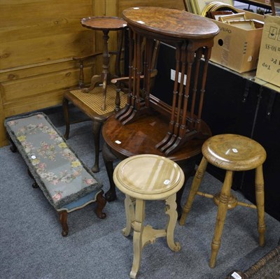 Lot 1048 - Nest of three tables, rush seat armchair, round table, upholstered foot stool, pine stool and...