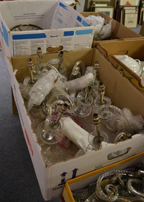 Lot 1082 - A collection of three pendant and five pendant wall light fittings together with spare parts