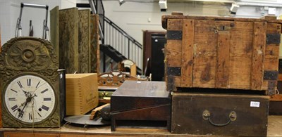 Lot 1105 - A clock movement, a marquetry book trough, a gun case, two trunks, books, pair of table lamps,...