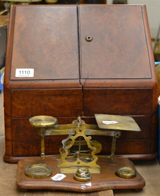 Lot 1110 - A late Victorian burr walnut stationery casket, together with a pair of postal scales