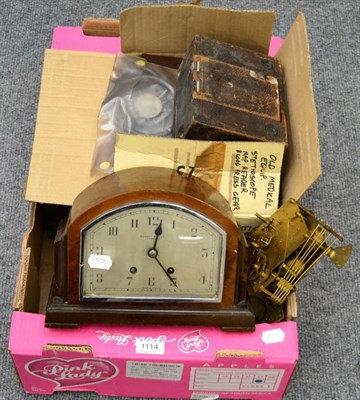 Lot 1114 - Assorted items including a mantel clock signed Munsey & Co, Cambridge; a clock movement; Kodak...