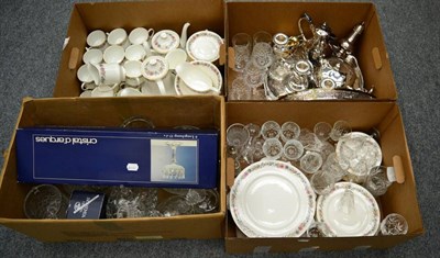 Lot 1115 - A quantity including Paragon 'Belinda' dinnerwares, silver plate, glass, etc (four boxes)