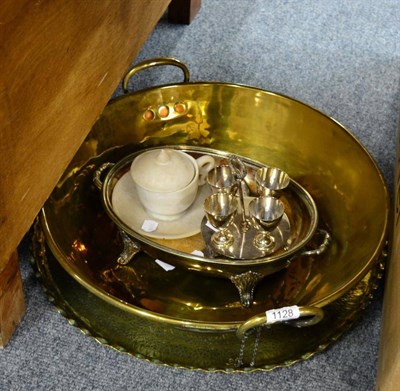 Lot 1128 - Assorted silver plate, brass, Taj Mahal marble lidded cup and saucer, pocket watch etc