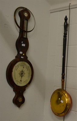 Lot 1145 - A 19th century rosewood banjo shaped barometer, 102cm high, together with a brass and copper...