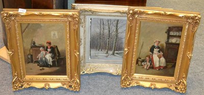 Lot 1183 - Pair of gilt framed oils on canvas, figures in an interior; and three other frames oil...