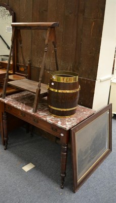 Lot 1187 - A saddle horse, an oak framed engraving, a luggage rack, an oak stick barrel and a wood...