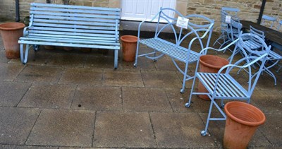 Lot 1192 - A painted metal garden bench with matching chair together with a slatted wooden garden bench...