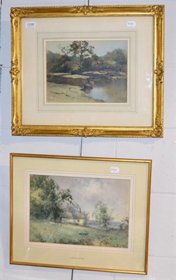 Lot 1208 - J Jerome Miller rural landscape watercolour, together with John Wallace river landscape oil (2)