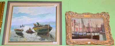 Lot 1216 - 20th century school, boats in a harbour oil on canvas in a gilt frame, together with fisherman...