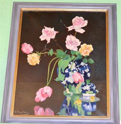 Lot 1220 - Helen Stuart Weir RBA, ROI, ASWA (1915-1969) a still life of roses in an Oriental blue and...