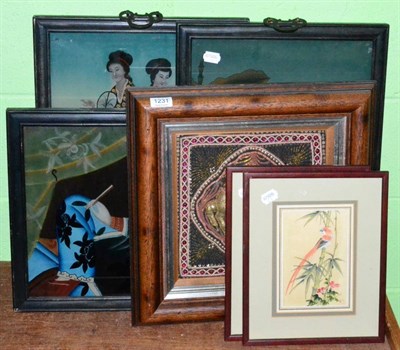 Lot 1231 - Three Japanese paintings on glass together with an eastern sequined panel (framed) and a pair...