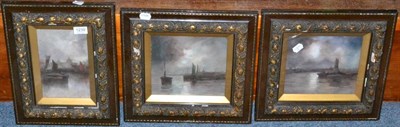 Lot 1239 - A set of three harbour scenes each monogrammed R R and dated 1904, oils on canvas