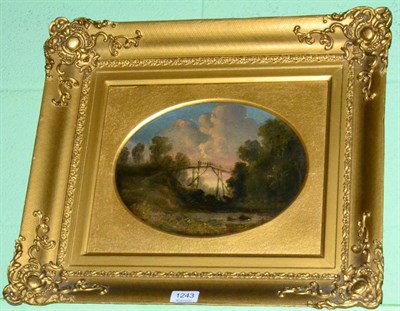 Lot 1243 - Attributed to Samuel Bough, landscape with bridge, oil on canvas, inscribed to label verso