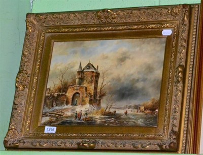 Lot 1246 - Dutch style modern oil on board depicting frozen river landscape