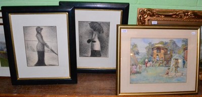 Lot 1258 - John Thomas Young Gilroy, Gypsy encampment, signed, watercolour and two framed prints after...