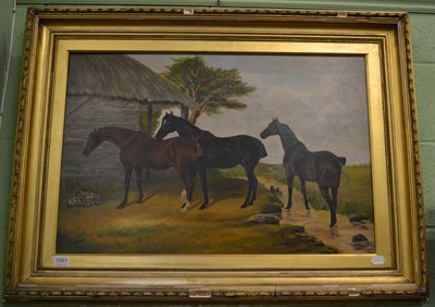 Lot 1261 - R T Vyner after Herring, Horses before a thatched stable, oil on canvas ,prepared for the...