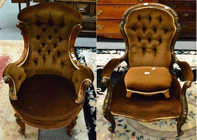 Lot 1318 - A pair of Victorian mahogany framed button back open arm chairs and a foot stool