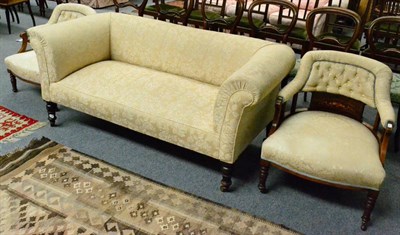 Lot 1334 - Mahogany framed Victorian sofa together with a two similarly upholstered button back open armchairs