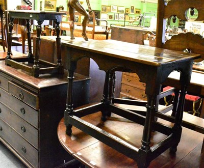 Lot 1364 - An 18th century oak large joint stool and an oak side table, partly 18th century