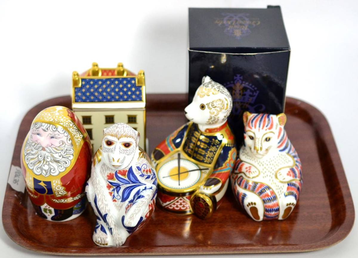 Lot 2 - Royal Crown Derby Father Christmas paperweight; a monkey example (gold coloured stoppers); two...