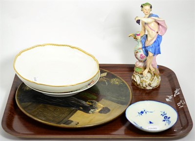 Lot 4 - Ceramics including Sevres style dish, Caughley saucer, Capodimonte dish, Meissen style figure etc