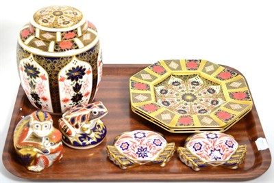 Lot 5 - A collection of Royal Crown Derby Imari wares comprising three dinner plates; a ginger jar and...