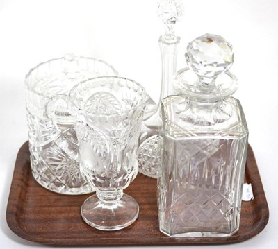 Lot 21 - An Edinburgh Crystal square cut glass decanter; a biscuit barrel; decanter and jug