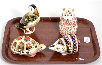 Lot 47 - Four Royal Crown Derby paperweights, tortoise; hamster (gold coloured stopper); hedgehog...