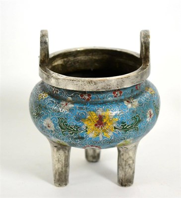 Lot 54 - Chinese silvered metal tripod censor with enamel decoration