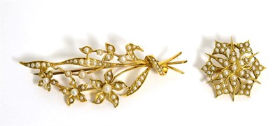 Lot 55 - A seed pearl spray brooch, stamped '15CT' and a seed pearl brooch/pendant, stamped '15C'