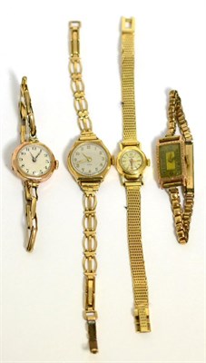 Lot 57 - Three ladies 9 carat gold wristwatches and a ladies 18 carat gold wristwatch signed Baume