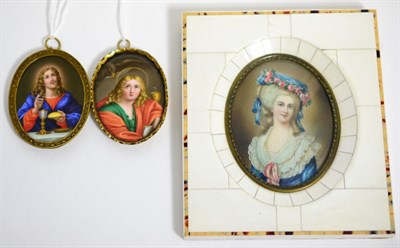 Lot 80 - An early 20th century portrait miniature in contemporary piano key frame; together with two...